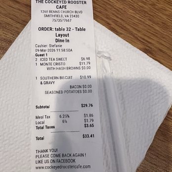 The Cockeyed Rooster - receipt for two people - Breakfast & Brunch Near Me - Smithfield, Virginia