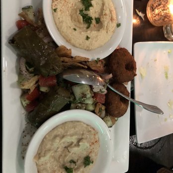 Mora Grill - Vegetarian appetizer platter (falafel, salad, babagounish, grape leaves & hummus) - Syrian Near Me - Pompano Beach, Florida