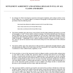 Part of the document you're forced to sign to get your video. Note they'll sue you for $500 per day per post if you leave negative reviews - A detailed legal document titled 'Settlement Agreement and General Release' from Eivan's Photography & Video, outlining terms for review removal, damages, and legal provisions.