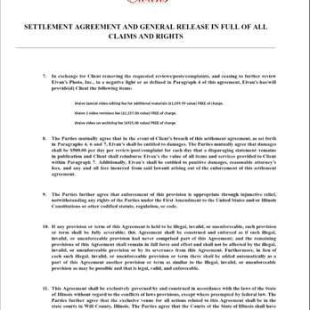 Eivan's Photo Inc - Part of the document you're forced to sign to get your video. Note they'll sue you for $500 per day per post if you leave negative reviews - A detailed legal document titled 'Settlement Agreement and General Release' from Eivan's Photography & Video, outlining terms for review removal, damages, and legal provisions. - Photographers Near Me - Mokena, Illinois