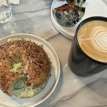 Odysea - Everything bagel & latte! Couldn't help take a bite before taking a picture:).  Just delicious!!! - Coffee Roasteries Near Me - Bristol, New Hampshire