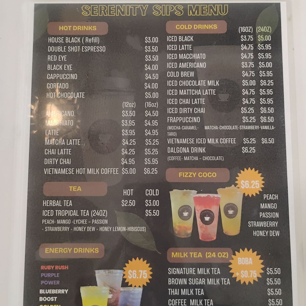 Serenity Sips - Hot drink & cold drink menu March 2026 - Coffee & Tea Near Me - Venice, Florida