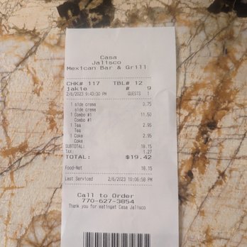 Casa Jalisco - Receipt for charge. - Mexican Near Me - Douglasville, Georgia Casa Jalisco - Receipt for charge. - Mexican Near Me - Douglasville, Georgia