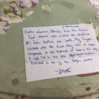 Annie's Custard and Cafe - My son's review. Several napkins have been scribbled on and placed under the glass table weight. - Ice Cream & Frozen Yogurt Near Me - Nauvoo, Illinois