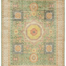 Mamluk Green is a finely woven 17th century design in joyful shades of aqua, yellow, light blue, coral, taupe, aubergine and mint green
