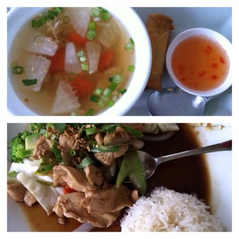 Lemon Grass Thai Kitchen - Chicken Soup, Spring Roll w/Chili Sauce. Chicken w/garlic, black pepper in brown sauce w/ mixed veggie crispy garlic & scallions - Thai Near Me - Riverview, Florida
