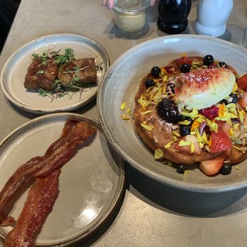 Five5eeds - Hot cakes with sausage and bacon side - Coffee & Tea Near Me - Park City, Utah
