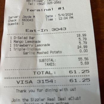 Sizzler - Ordered garlic mashed potatoes but then our server said they don't have garlic mash - Seafood Near Me - Bellflower, California Sizzler - Ordered garlic mashed potatoes but then our server said they don't have garlic mash - Seafood Near Me - Bellflower, California