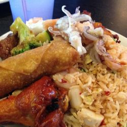 China Sea Buffet - Egg roll, chicken wing, Beef & Broccoli, and Fried Rice