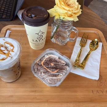 Layali Coffee House - Ice caramel latte with cold foam, pistachio latte, tiramisu cake. - Coffee & Tea Near Me - Rochester, New York