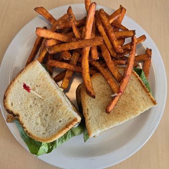 The Waffle Place - Basil Pesto Sandwich on Sourdough with Sweet Potato Fries - Breakfast & Brunch Near Me - Fresno, California The Waffle Place - Basil Pesto Sandwich on Sourdough with Sweet Potato Fries - Breakfast & Brunch Near Me - Fresno, California