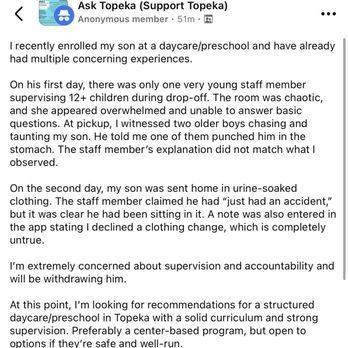 The Learning Center - The anonymous post he felt compelled to remove my child over. CLEARLY he's guilty. - Child Care & Day Care Near Me - Topeka, Kansas