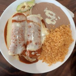 Shredded Chicken Enchiladas with red sauce.