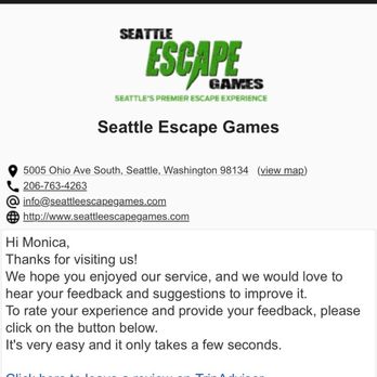 Seattle Escape Games - Don't be upset about an honest review when you ask for one. Name blurred for privacy purposes but they know who wrote the review. - Escape Games Near Me - Seattle, Washington Seattle Escape Games - Don't be upset about an honest review when you ask for one. Name blurred for privacy purposes but they know who wrote the review. - Escape Games Near Me - Seattle, Washington