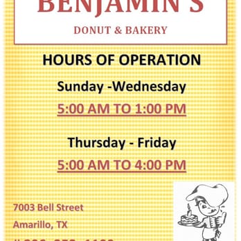 Benjamin Donuts & Bakery - Hours of Operation - Breakfast & Brunch Near Me - Amarillo, Texas