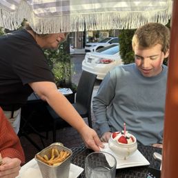 Bread Pudding, fries, patio dining