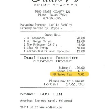 Eddie V's Prime Seafood - Charging for MB tax when it was always included in to the prices - Seafood Near Me - Plano, Texas Eddie V's Prime Seafood - Charging for MB tax when it was always included in to the prices - Seafood Near Me - Plano, Texas