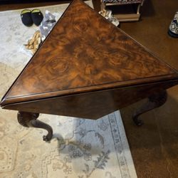 Alameda Used Furniture Thrift & Trading Post - Maitland Smith game table: hand made of Tropical Walnut.  With the sides down it is a triangle.  With the sides up it is 6 sided.  Very good