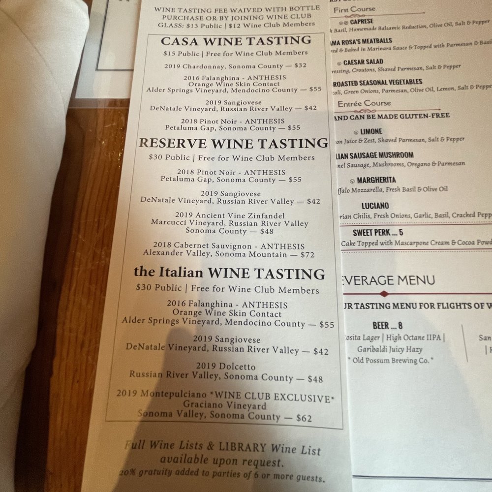 D'Argenzio Winery - Casa, Reserve, and the Italian Wine Tasting menu at D'Argenzio Winery in Santa Rosa. - Wine Tasting Room Near Me - Santa Rosa, California