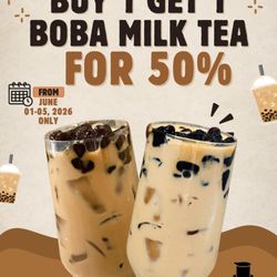 Chill Coffee - Boba Milk Tea BOGO 50% Promotion. Valid June 1st - June 5th.