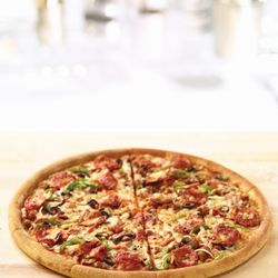 Papa Johns Pizza - Large Works. Pepperoni, Canadian bacon, spicy Italian sausage, onions, green peppers, mushrooms and black olives.