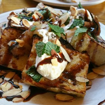 Avec - Chicago - French toast topped with fresh cream and a pear jam and chocolate drizzle - Mediterranean Near Me - Chicago, Illinois