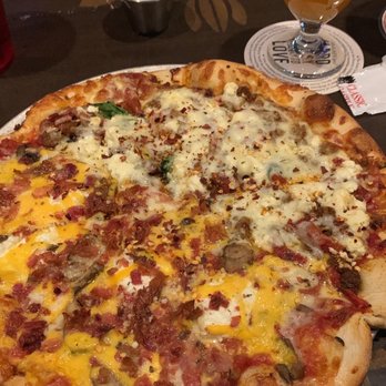 Bazbeaux Pizza - Half four Cheese Pizza, half Mediterranean Pie - Pizza Near Me - Indianapolis, Indiana