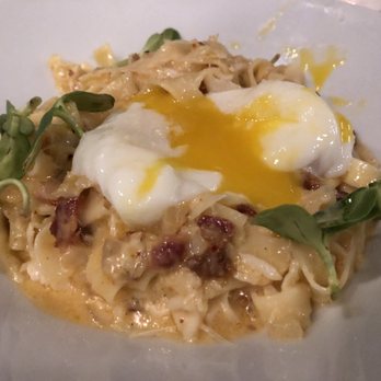 At The Table - Fettucine Carbonara: shrimp and crab, bacon, parmesan, chili butter, Jidori egg - New American Near Me - Wayne, Pennsylvania At The Table - Fettucine Carbonara: shrimp and crab, bacon, parmesan, chili butter, Jidori egg - New American Near Me - Wayne, Pennsylvania