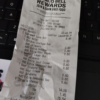 Taco Bell - Receipt - Fast Food Near Me - University Place, Washington