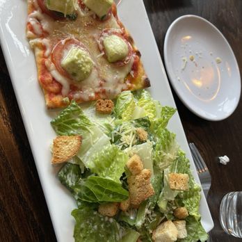 Roots95 - Caprese flatbread with Caesar salad - New American Near Me - Johnston, Iowa