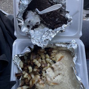 Mad Max Smokehouse - Biscuits and Gravy, Bacon, Potatoes, Brownie with Icing - Burgers Near Me - Sheridan, Indiana Mad Max Smokehouse - Biscuits and Gravy, Bacon, Potatoes, Brownie with Icing - Burgers Near Me - Sheridan, Indiana