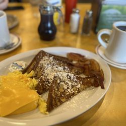 Esmeralda's Cafe - French Toast platter with scrambled eggs with cheese and bacon