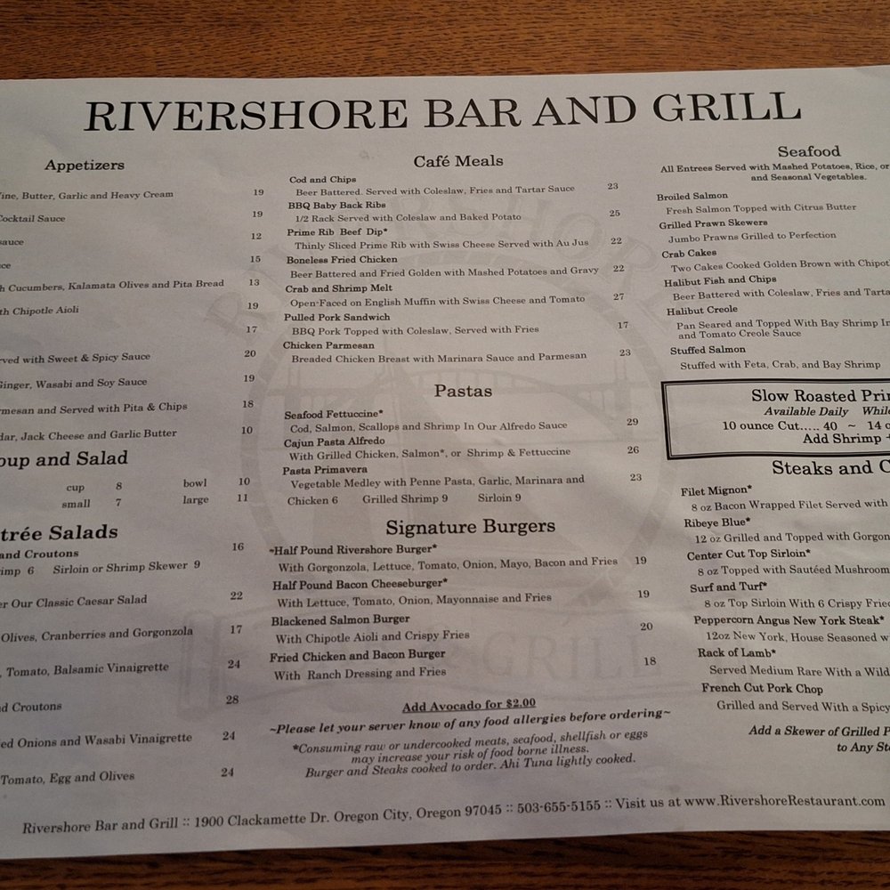 Rivershore Bar & Grill - This is the front page of the menu - American Near Me - Oregon City, Oregon Rivershore Bar & Grill - This is the front page of the menu - American Near Me - Oregon City, Oregon