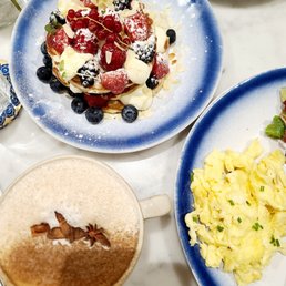 Scramble Eggs, Classic Pancakes with fruits and Chai Latte