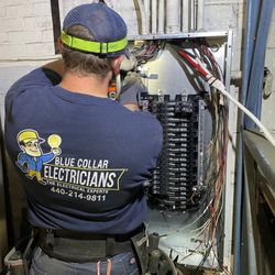 Blue Collar Electricians - Blue Collar Electrician wiring panel at commercial building