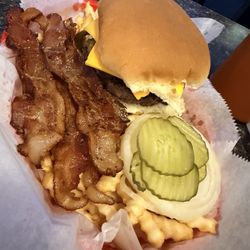 Silver Dollar Bar & Grill - Jalapeño cheeseburger and fries with a side of bacon. My favorite!