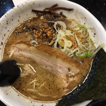 Nikka Ramen - Kuro ramen with pork belly (a bit messy and doesn't seem to have as much black garlic as other photos I've seen) - Ramen Near Me - Goleta, California