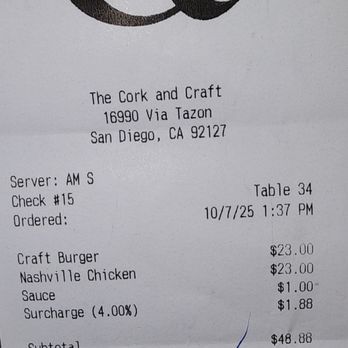 The Cork and Craft - Our bill. Sneaky, sneaky charges. (Surcharge & side of Ranch for Tots.) - American Near Me - San Diego, California The Cork and Craft - Our bill. Sneaky, sneaky charges. (Surcharge & side of Ranch for Tots.) - American Near Me - San Diego, California