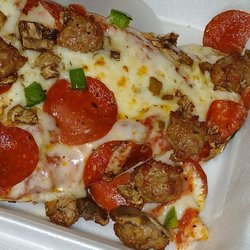 Greek Tony's Pizza & Sub Shop - Two slices in a styrofoam box to go. Big slices, lots of cheese, sausage, pepperoni, GP, onion, mushrooms, and probably some oregano.