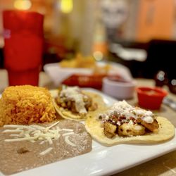 Casa 28 Mexican Grill - Camarones/Shrimp tacos - 2 shrimp tacos with rice & beans WOZA! :)....