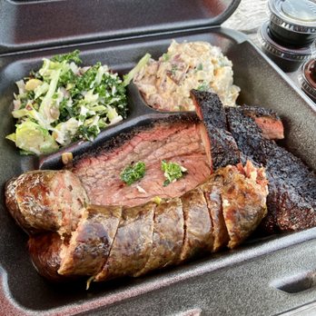 North Texas Smoke - Two Meat Combo (Brisket and Boudin) with potato salad and kale slaw. - Barbeque Near Me - Decatur, Texas North Texas Smoke - Two Meat Combo (Brisket and Boudin) with potato salad and kale slaw. - Barbeque Near Me - Decatur, Texas