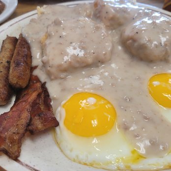 The Hungry Hollow - 2 biscuits & gravy, 2 eggs, 2 bacon, 2 sausage at a different angle... mmmm!!! - Breakfast & Brunch Near Me - Carmichael, California