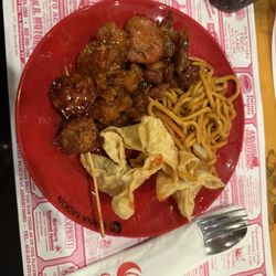 China Moon Buffet Chinese Restaurant - Crab Rangoons, lo mein, bbq chicken balls, honey chicken, Generals