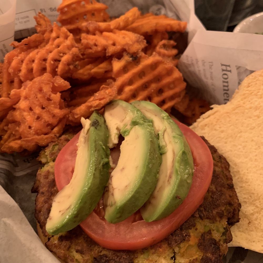 The Committed Pig - Veggie Burger with Sweet Potato Waffle fries - excellent - Breakfast & Brunch Near Me - Morristown, New Jersey The Committed Pig - Veggie Burger with Sweet Potato Waffle fries - excellent - Breakfast & Brunch Near Me - Morristown, New Jersey