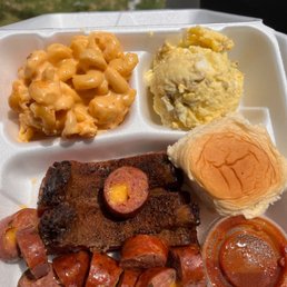 2 meats with 2 sides. Pork ribs and jalepeno cheddar sausage with potato salad and Mac n cheese 2 meats with 2 sides. Pork ribs and jalepeno cheddar sausage with potato salad and Mac n cheese
