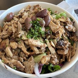 Chicken Shawarma bowl over Greek salad