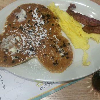 Eggs Up Grill - Kids plate (Mikey pancake, scrabble eggs and bacon) - Breakfast & Brunch Near Me - Columbia, South Carolina Eggs Up Grill - Kids plate (Mikey pancake, scrabble eggs and bacon) - Breakfast & Brunch Near Me - Columbia, South Carolina