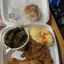 Fried chicken, Mac and cheese, collared greens, and biscuit