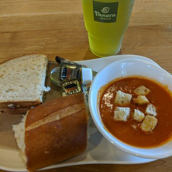 Panera Bread - The tomato/bacon and cheese half sandwich with creamy tomato soup, and a green passion fruit tea. - Sandwiches Near Me - Surprise, Arizona Panera Bread - The tomato/bacon and cheese half sandwich with creamy tomato soup, and a green passion fruit tea. - Sandwiches Near Me - Surprise, Arizona