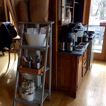 Main Course - The serve your self stations with silverware, napkins, take out boxes, water and coffee area, and dish busing. - New American Near Me - New Paltz, New York
